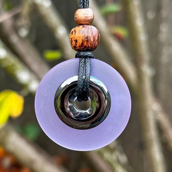 Artisan Jewelry - Hematite and Lavender Blue Sea Glass Pendant Handmade